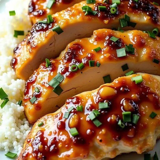 A plate featuring honey garlic chicken breasts garnished with green onions.