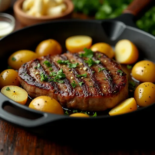 A vibrant skillet featuring juicy steak and golden baby potatoes, garnished with parsley.