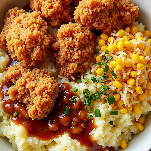 A vibrant food photography shot of a KFC Bowl filled with rice, corn, chicken, and gravy, set against a soft blurred background.