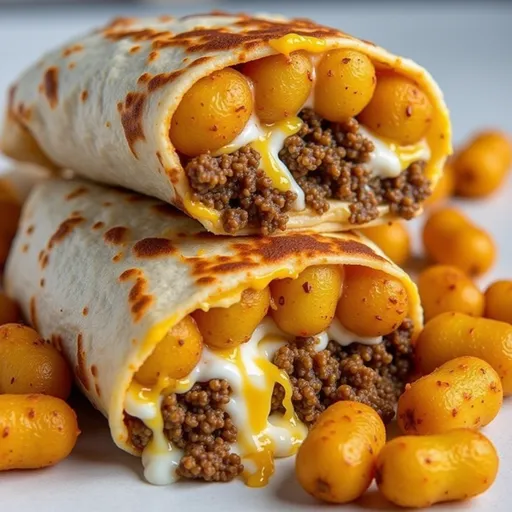 Two cheesy potato burritos on a rustic plate, showcasing melted cheese and crispy tater tots.