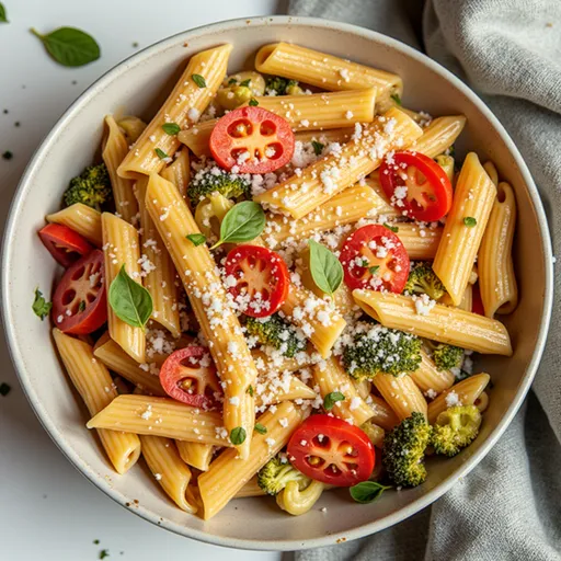 Eye-level shot of One Pot Broccoli Pasta, showcasing tender broccoli and perfectly cooked pasta with garlic and cheese.