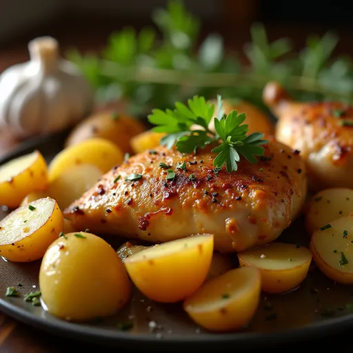Eye-level shot of succulent Garlic Butter Chicken and golden potatoes, set against a blurred kitchen background.