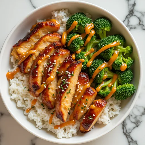A beautifully arranged sticky chicken rice bowl featuring jasmine rice, chicken thighs, and garnishes in warm light.