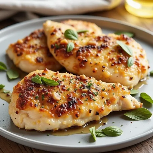 Tender, golden-brown chicken breast with a creamy coating, illuminated by warm natural light.