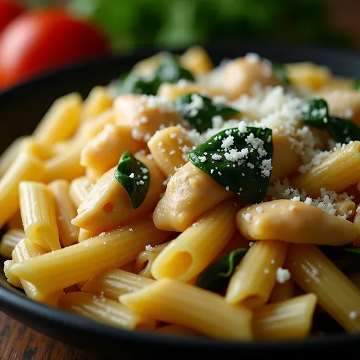 Detailed view of a bowl of garlic parmesan chicken pasta garnished with fresh parsley.
