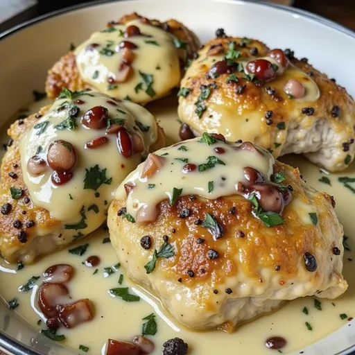 Delicious Smothered Chicken dish capturing the golden-brown crust and rich gravy.