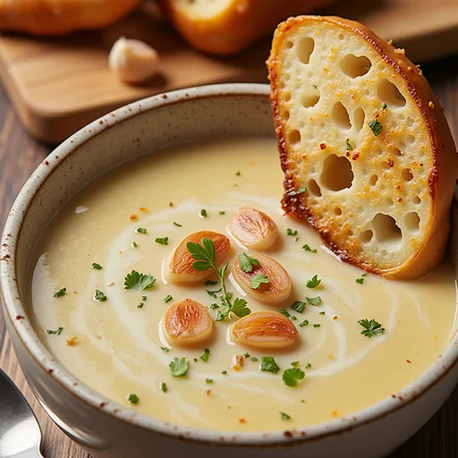 A vibrant bowl of garlic soup with melted butter and slices of crusty bread on the side.