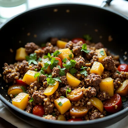 Close-up of a delicious one skillet dish with melted cheese, diced tomatoes, and vibrant mixed vegetables, captured in soft natural light.