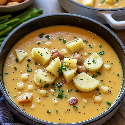 A steaming bowl of rich, textured Cajun potato soup, with a sprinkle of green onions on top.