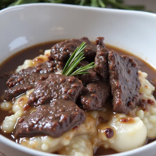 Juicy beef pieces garnished with fresh rosemary and garlic, illuminated by soft natural light.