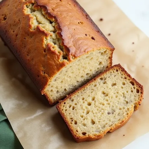 A freshly baked loaf of banana bread with two bananas in the background, displayed on a rustic surface.