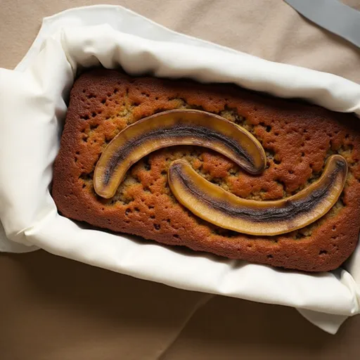 A freshly baked banana bread with visible banana chunks, sitting on a rustic wooden table, illuminated by natural light.