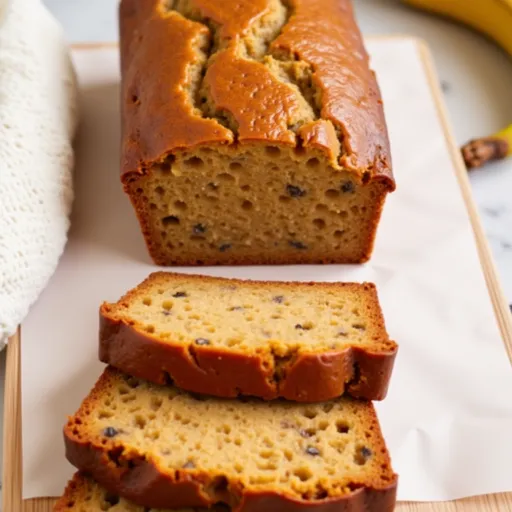 A slice of homemade banana bread displaying rich banana flavor and a warm, soft interior.