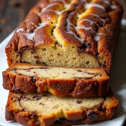 Close-up view of freshly baked Cinnamon Swirl Banana Bread with a soft, moist interior and cinnamon specks visible.