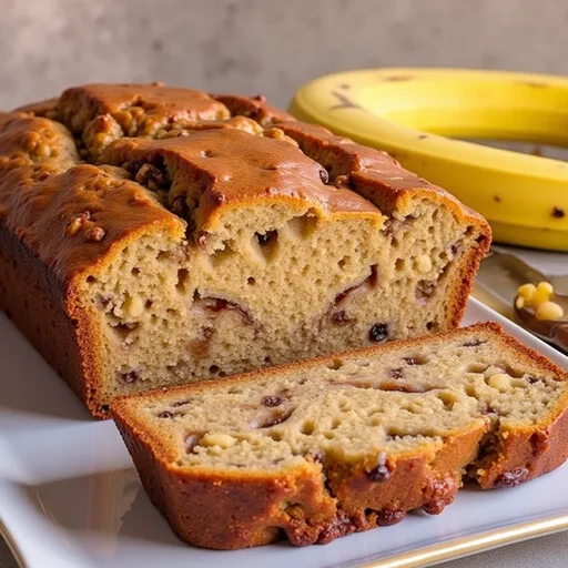 Soft, moist Banana Nut Bread displayed on a rustic wooden surface, showcasing its texture.