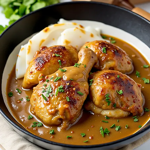 Plate of Easy Southern Chicken & Gravy with creamy sauce and a side of fluffy mashed potatoes.