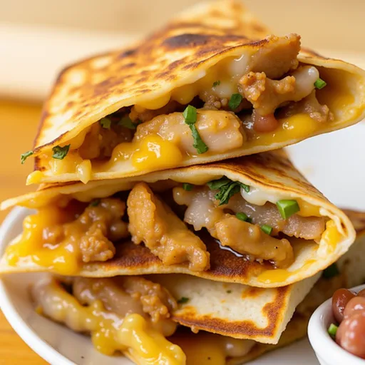 A delicious Chicken Quesadilla, showcasing layers of shredded chicken and cheese, served with a side of sour cream and salsa.