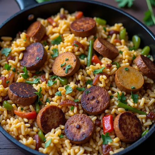 Eye-level view of a hearty Cajun Sausage and Rice dish in a skillet, illuminated by warm light.