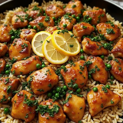 A mouthwatering One Pan Honey Butter Garlic Chicken and Rice meal featuring chicken, rice, and vibrant peas on a rustic table.