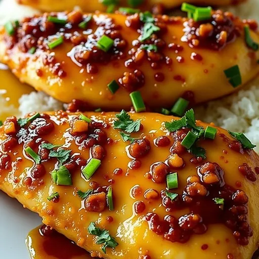 Succulent Honey Garlic Chicken Breasts with a glossy glaze, served elegantly on a plate.