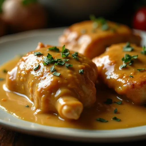Detailed shot of Southern Smothered Chicken garnished with parsley, showcasing the texture.
