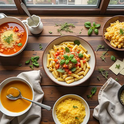 A cozy dinner setting with steaming tomato soup and beautifully presented pasta, creating a comforting vibe.