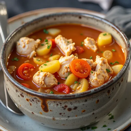 Appetizing Alabama Chicken Stew showcasing chicken thighs and fresh vegetables in broth.