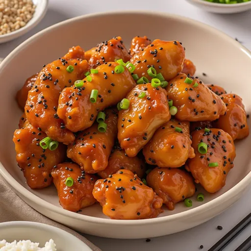 A beautifully arranged dish of honey sesame chicken, highlighting the golden sauce, sesame seeds, and vibrant green onion tops.