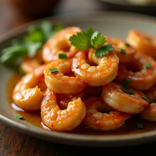 Juicy shrimp coated in a honey and garlic glaze, highlighted by soft natural lighting and a cozy setting.