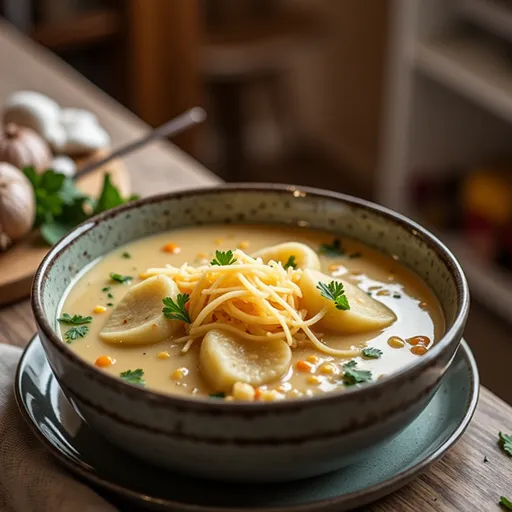 A warm, inviting Garlic Herb Potato Cheddar Soup garnished with parsley, captured in soft, natural light.