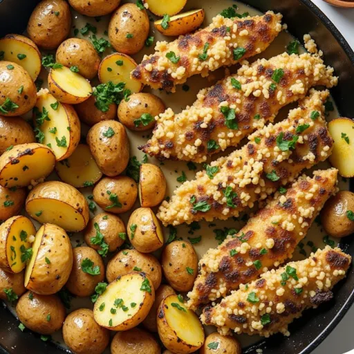 Detailed view of a rustic pan filled with crispy potatoes and chicken, garnished with herbs.