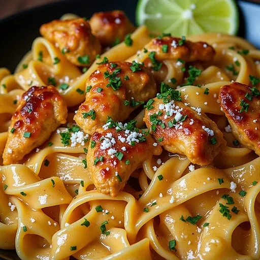 Eye-level view of Cowboy Butter Chicken Pasta, showcasing the texture of the sauce and pasta.
