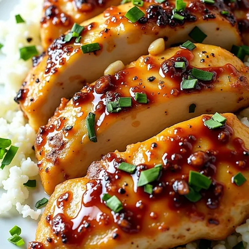 Succulent honey garlic chicken breasts presented with a blurred cozy background.