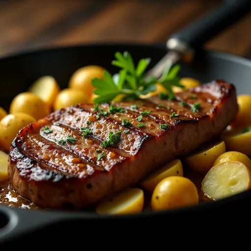 A cozy one-pan meal of Garlic Butter Steak and Potatoes, highlighting rich textures and colors.