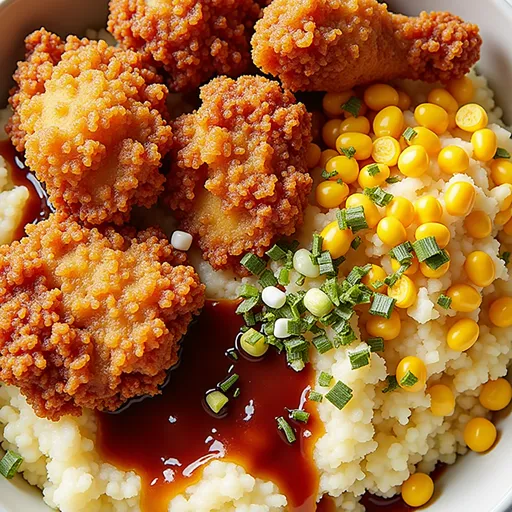 An eye-level view of a Hearty Southern KFC Bowl, highlighting layers of crispy chicken, creamy mashed potatoes, and cheese.