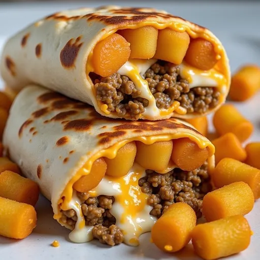 An appetizing view of cheesy potato burritos elegantly arranged, highlighting their texture and toppings.