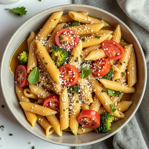 Delicious One Pot Broccoli Pasta in a bowl, featuring fresh ingredients and a cozy, blurred background.