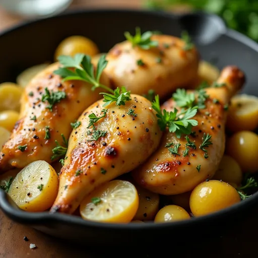 Detailed view of tender chicken and seasoned potatoes, showcasing a warm, inviting dish.