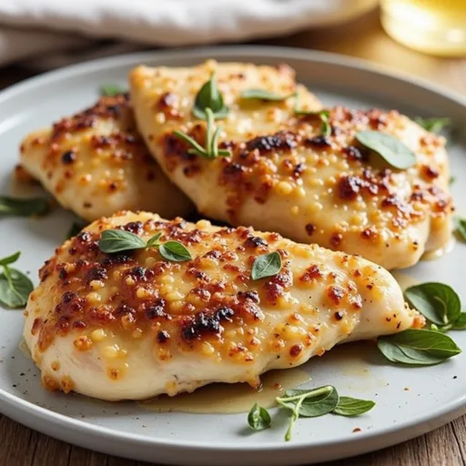 Appetizing melt-in-your-mouth chicken breast served with a soft-focus background, highlighting its texture.