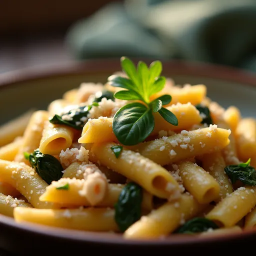 A plate of delicious chicken pasta with a rich sauce and vibrant green spinach.