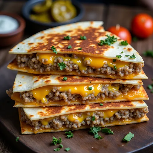 Delicious Smashburger quesadillas layered with ground beef and garnished with fresh vegetables.