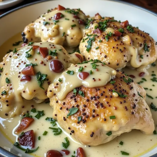 Bowl of Smothered Chicken showcasing tender thighs in a savory sauce with onions.