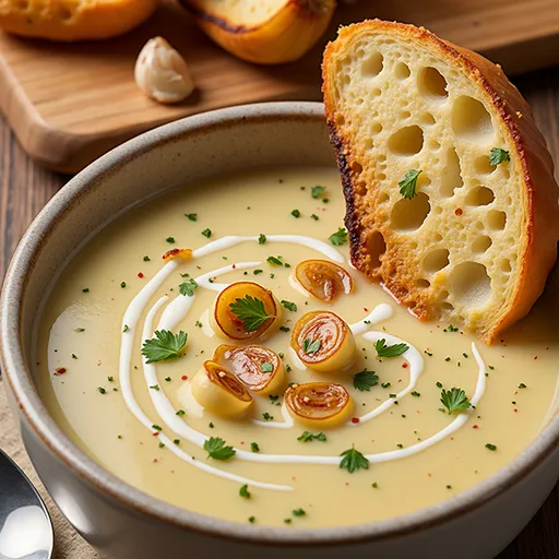 Rich, creamy garlic soup in a rustic bowl garnished with fresh herbs and a side of crusty bread.