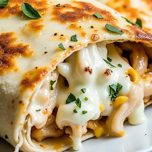 A beautifully arranged plate of Cheesy Garlic Chicken Wraps with a rustic background.