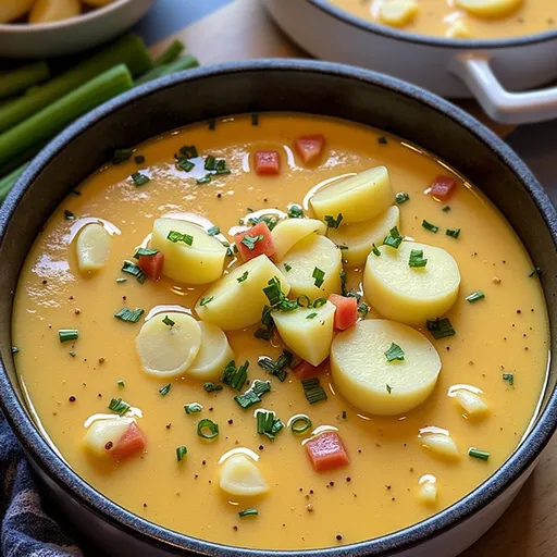 Delicious creamy potato soup with Cajun spices, served in a cozy setting with soft lighting.