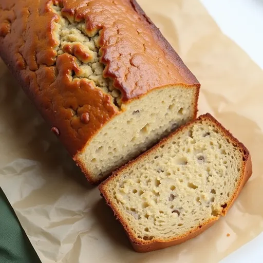 Delicious banana bread topped with slices of banana, presented with soft, warm lighting.