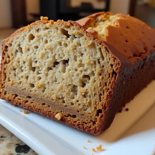 An inviting piece of banana bread captured in soft light, showcasing its fluffy texture and glazed surface.
