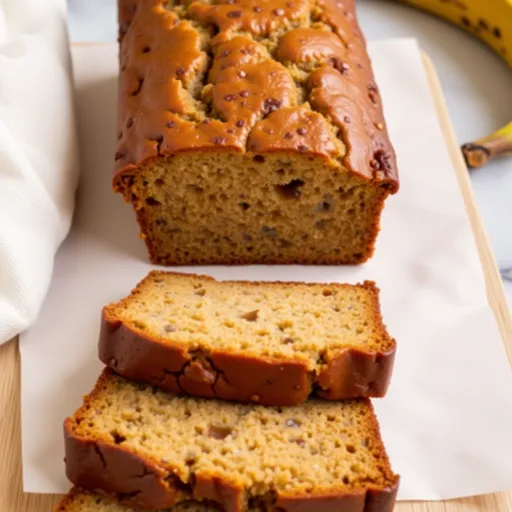 Delicious banana bread loaf, perfectly baked, featuring a glossy crust and fluffy inside.