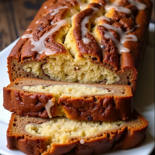 A beautifully presented loaf of Cinnamon Swirl Banana Bread, highlighting its glossy exterior and thick cinnamon swirl.