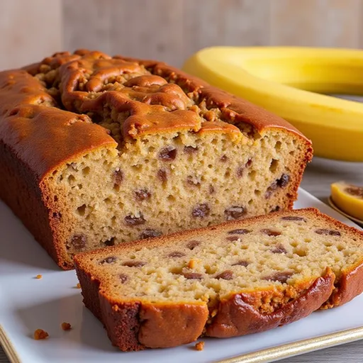 A slice of banana nut bread with melted butter glistening on top, surrounded by bananas and walnuts.